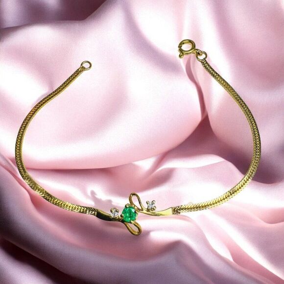 18K Gold Colombian Emerald & Diamond Bracelet- 750 Gold -6.5"- Herringbone -2.6g - Picture 6 of 16